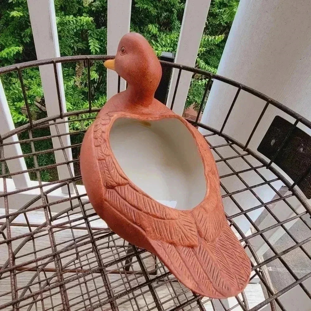 Vintage 1989 Duck Porcelain Bisque Planter Wood Look F.T.D.A. Made In Taiwan - Picture 10 of 12